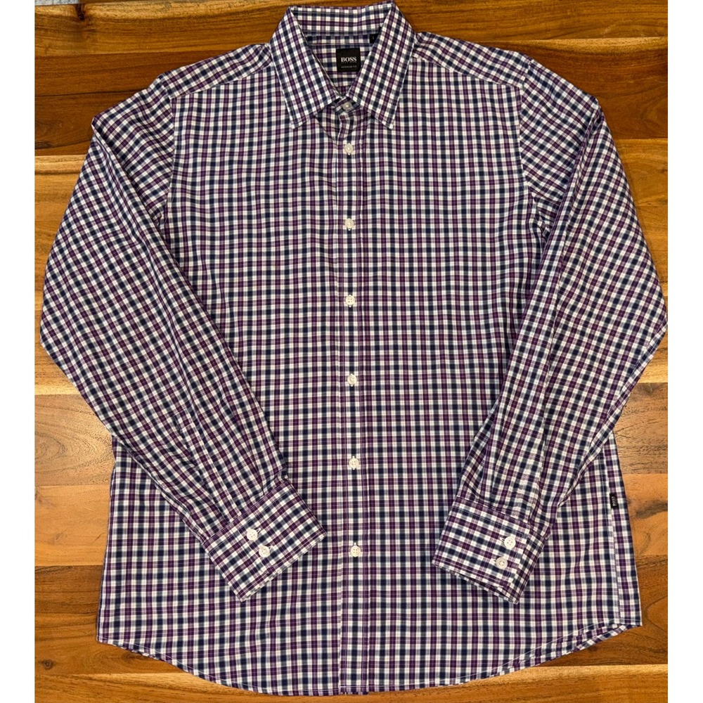 Hugo Boss Regular Fit Mens Large Purple Navy Blue Check Cotton Button Down Shirt